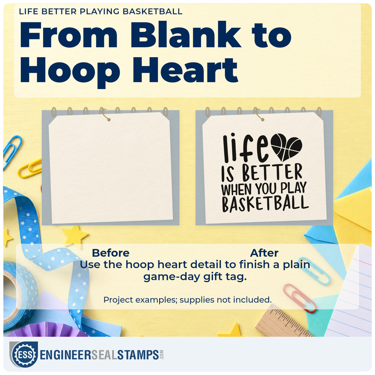 Before and after of a plain item finished with the Life Better Playing Basketball Premium Wood-Mounted Stamp – Vintage Pro, a quick upgrade for framed club lounge.