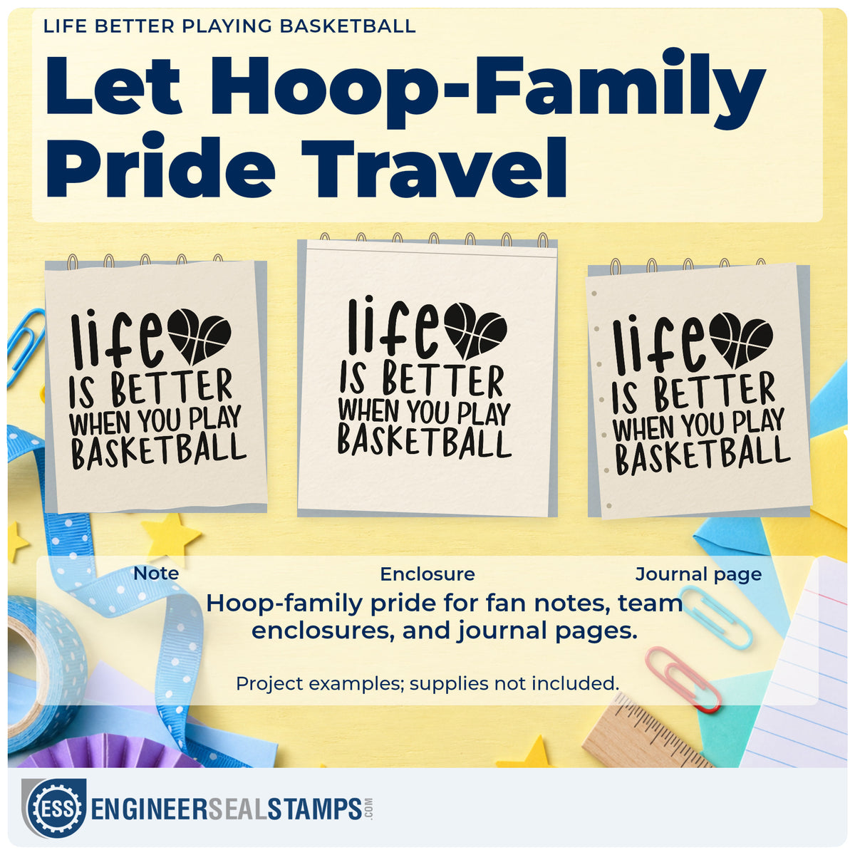 Three project examples made with the Life Better Playing Basketball Premium Wood-Mounted Stamp – Vintage Pro, including fixture plan sheet.