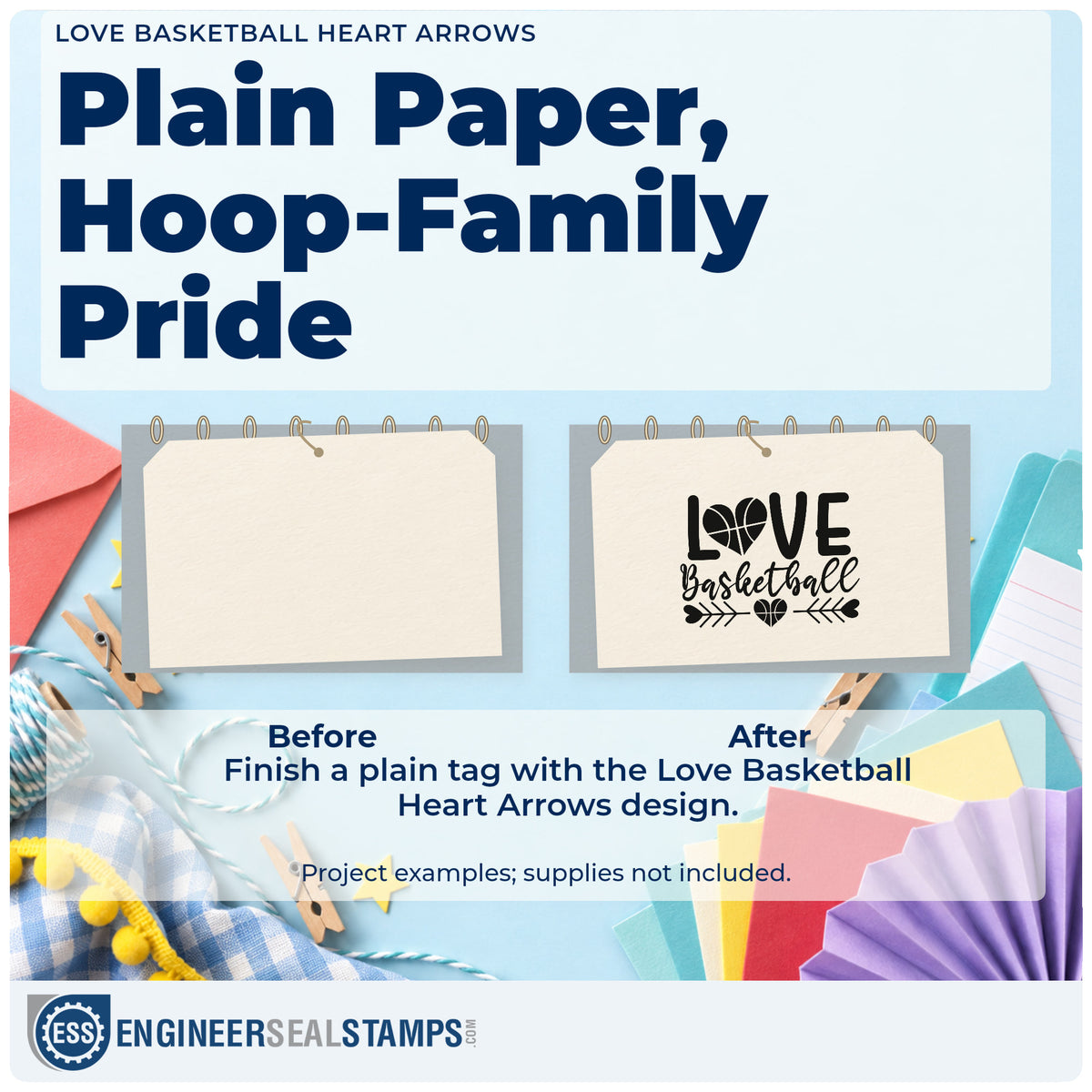 Before and after of a plain item finished with the Love Basketball Heart Arrows Pre-Inked Stamp – PSI, a quick upgrade for framed team room.