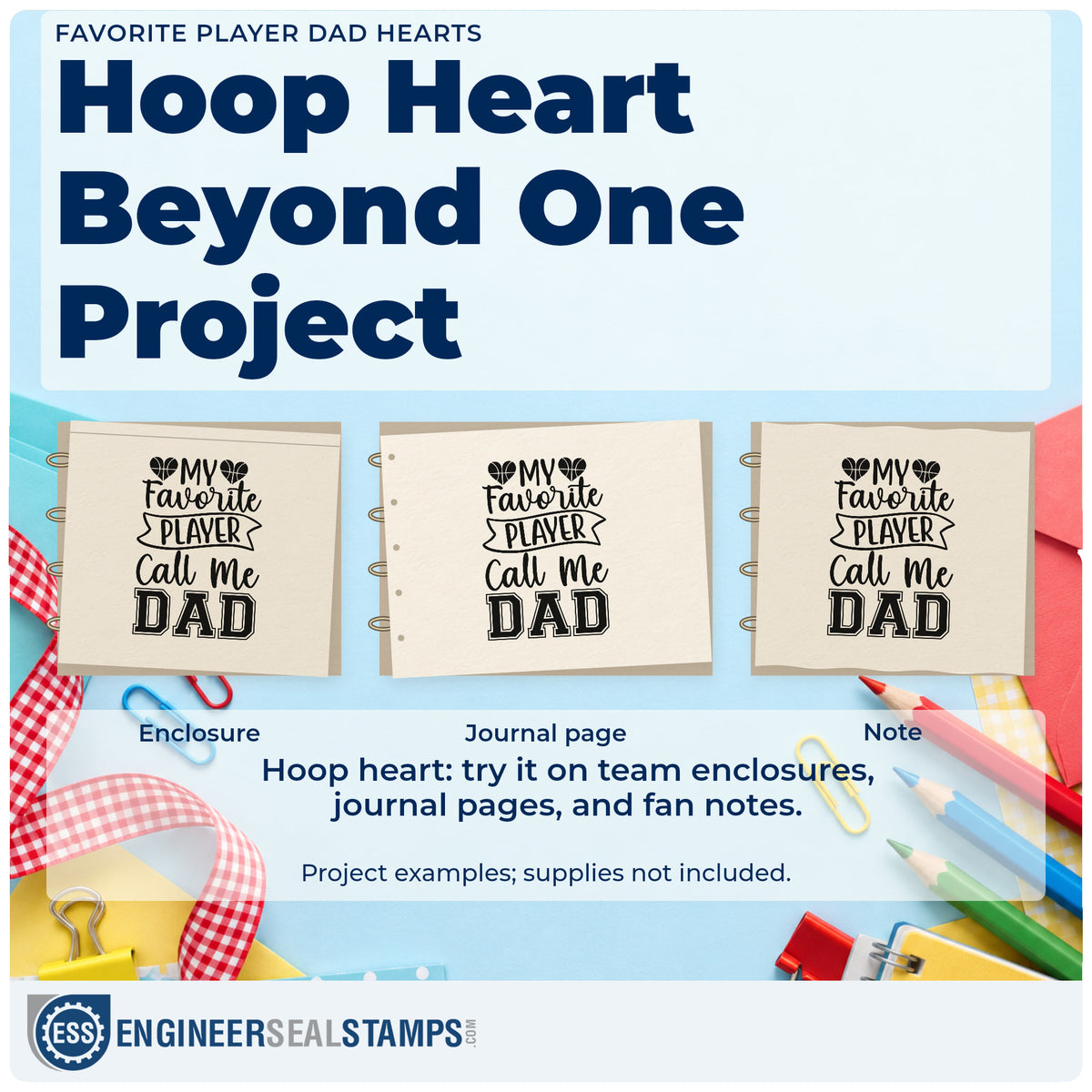 Three project examples made with the Dad Ribbon With Basketball Hearts Wood Handle Stamp, including game calendar sheet.