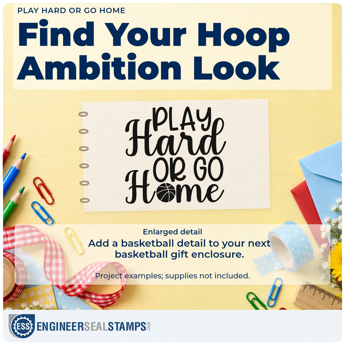 Enlarged detail of the Basketball Lettering Play Hard Or Go Home Hand Stamp – Duo imprint. PLAY Hard OR GO Home uses a basketball in the word Home.