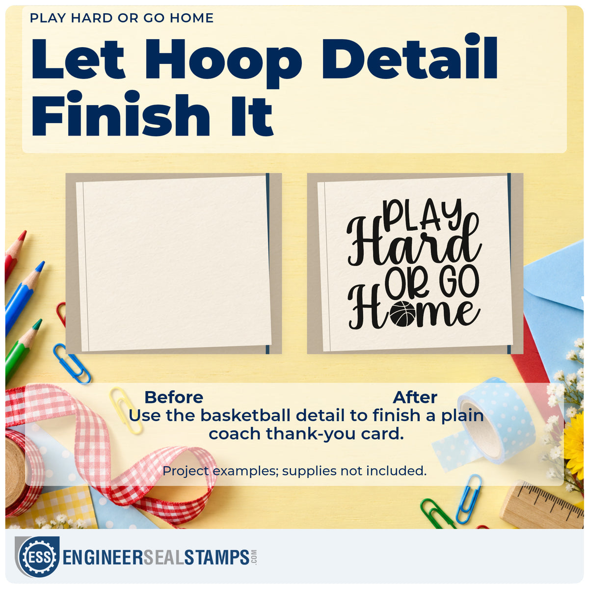 Before and after of a plain item finished with the Basketball Lettering Play Hard Or Go Home Hand Stamp – Duo, a quick upgrade for framed patio wall.