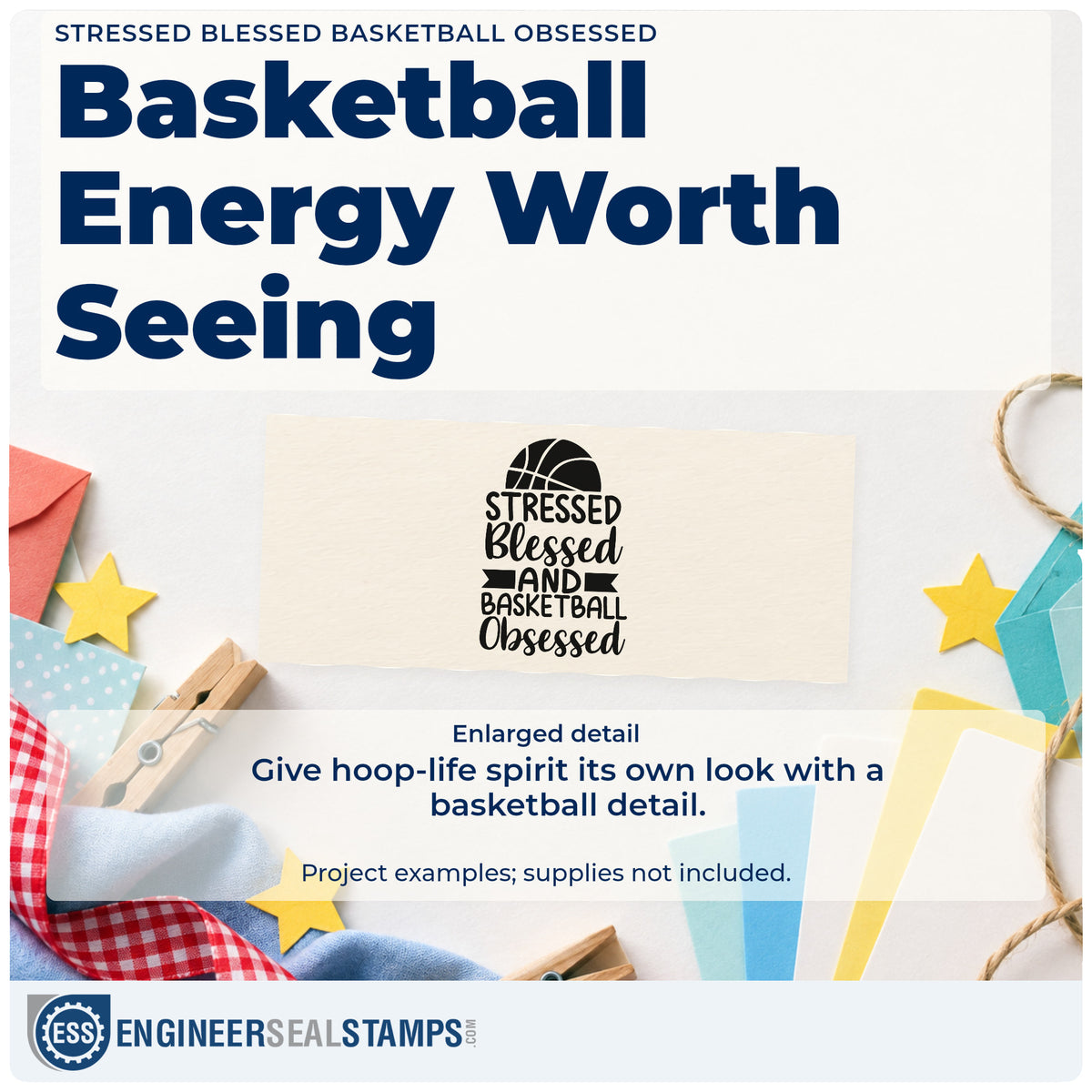 Enlarged detail of the Stressed Blessed Basketball Obsessed Hand Stamp – Duo imprint. STRESSED Blessed AND BASKETBALL Obsessed appears beneath a half basketball with a small ribbon.