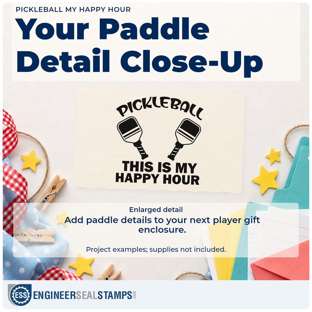 Enlarged detail of the Pickleball This Is My Happy Hour Rubber Stamp – Wood Handle imprint. PICKLEBALL THIS IS MY HAPPY HOUR surrounds two angled paddles.