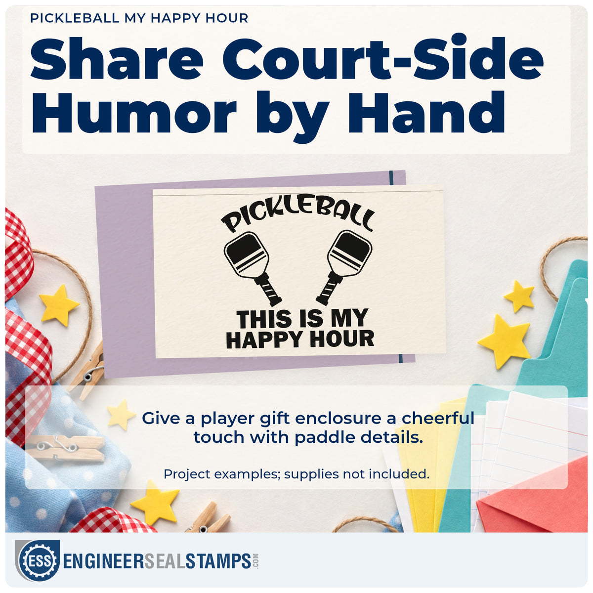 A finished handmade project stamped with the Pickleball This Is My Happy Hour Stamp – Duo Hand, ideal for evening league album page.