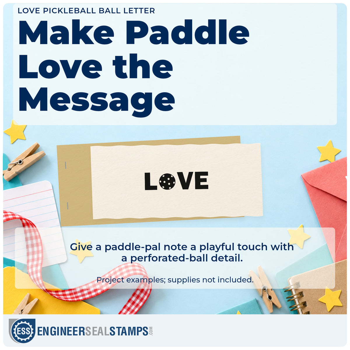 A finished handmade project stamped with the Duo Hand Love Pickleball Ball Letter Rubber Stamp, ideal for couples night album page.