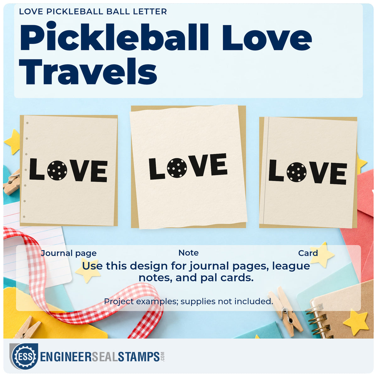Three project examples made with the Duo Hand Love Pickleball Ball Letter Rubber Stamp, including pair draw sheet.