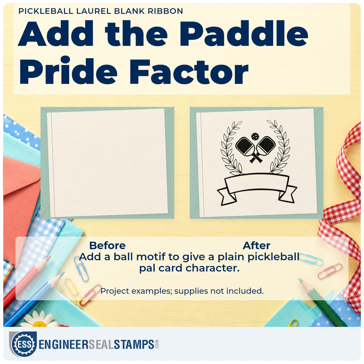Before and after of a plain item finished with the Crossed Paddles With Laurels And Blank Ribbon Compact Pre-Inked Stamp – Slim, a quick upgrade for framed club board.