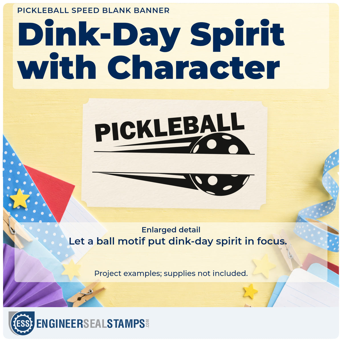 Enlarged detail of the Pickleball Motion Ball And Blank Band Duo Hand Stamp imprint. PICKLEBALL appears above a speeding ball crossed by a broad blank horizontal band.