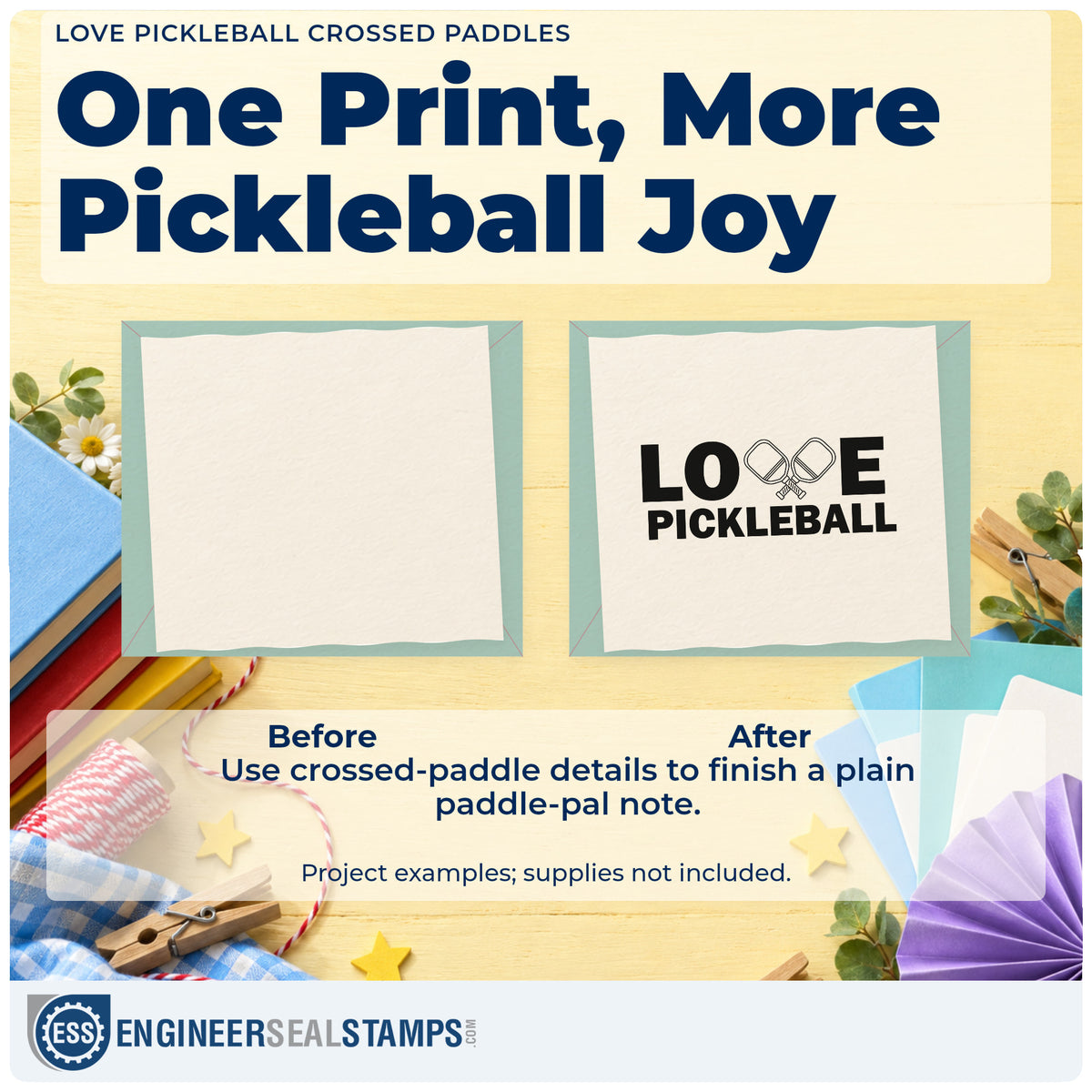 Before and after of a plain item finished with the Love Pickleball Crossed Paddles Stamp – Premium Vintage Pro Wooden, a quick upgrade for framed shop wall.