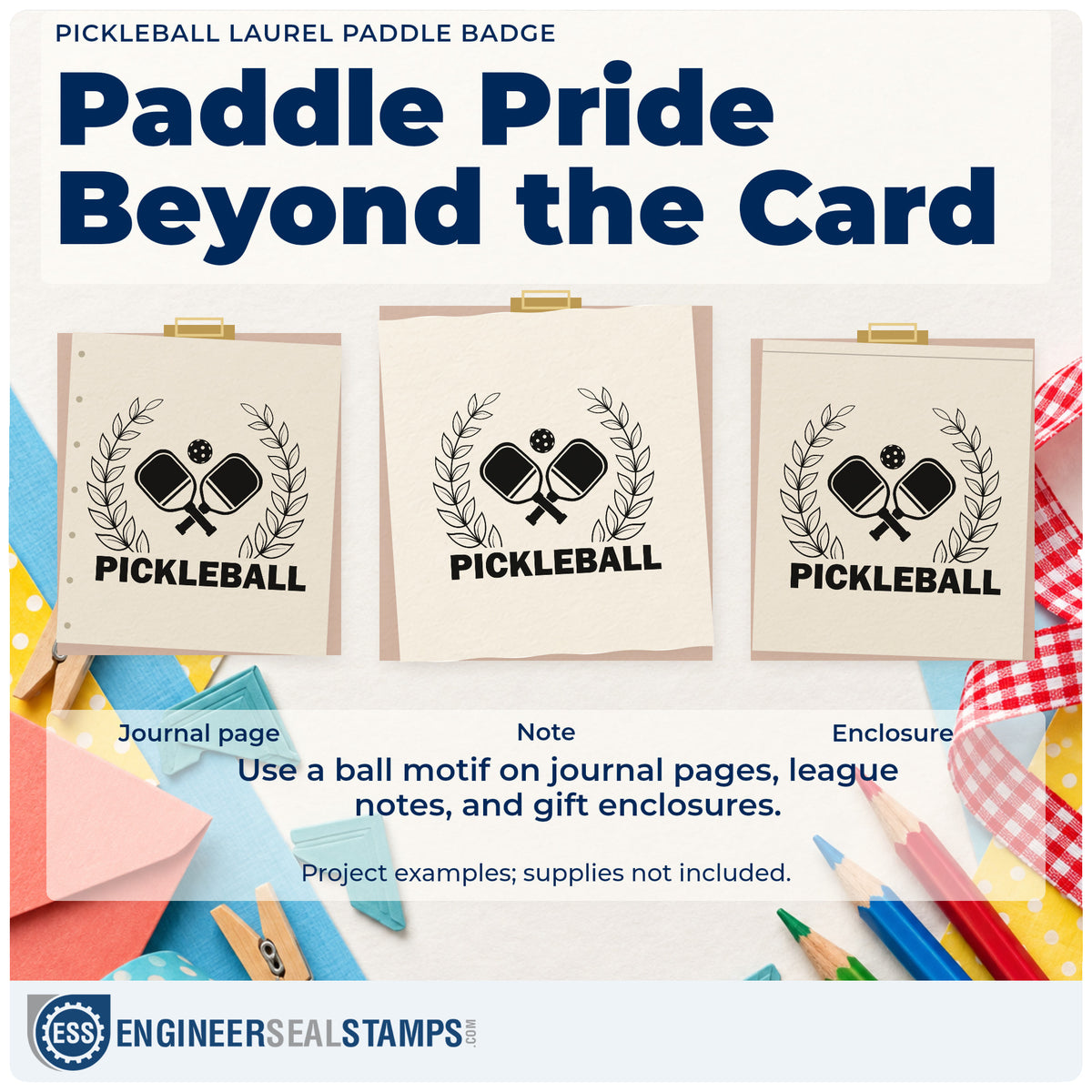 Three project examples made with the Pickleball Laurel Paddle Badge Premium Wood-Mounted Stamp – Vintage Pro, including event entry sheet.