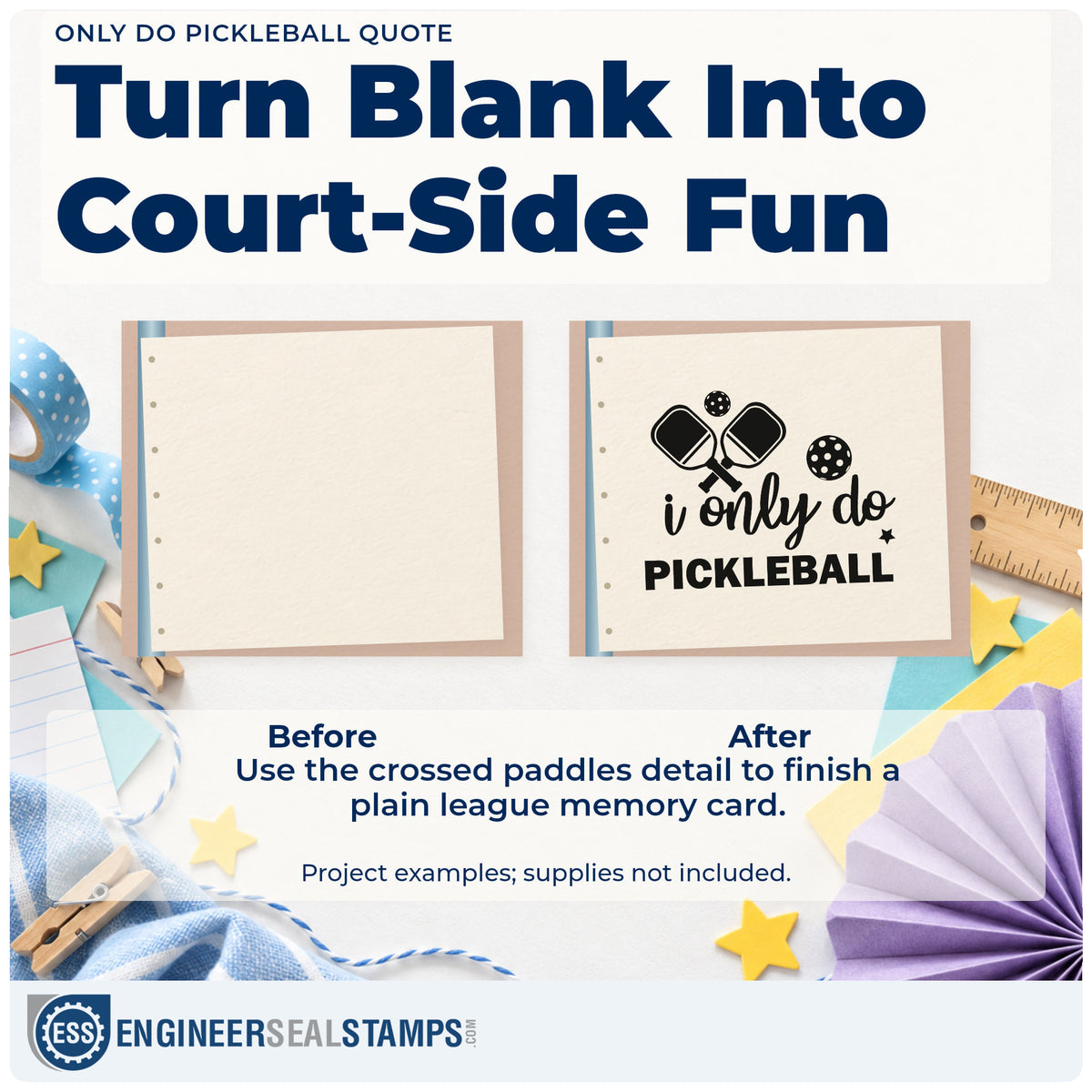 Before and after of a plain item finished with the I Only Do Pickleball Stamp – PSI Pre-Inked, a quick upgrade for framed back door.