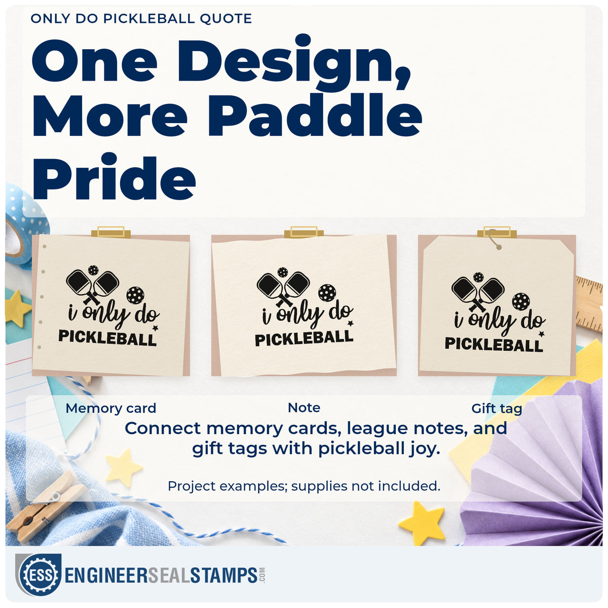 Three project examples made with the I Only Do Pickleball Wood Handle Stamp, including play tally sheet.