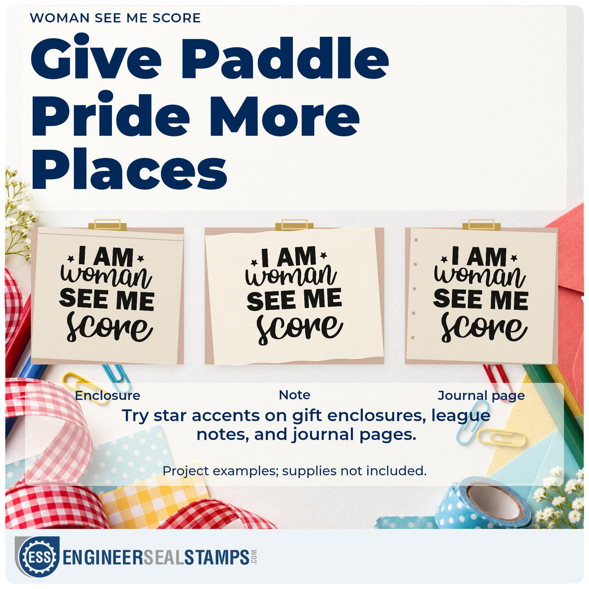 Three project examples made with the I Am Woman See Me Score Pre-Inked Stamp – PSI, including station rota sheet.