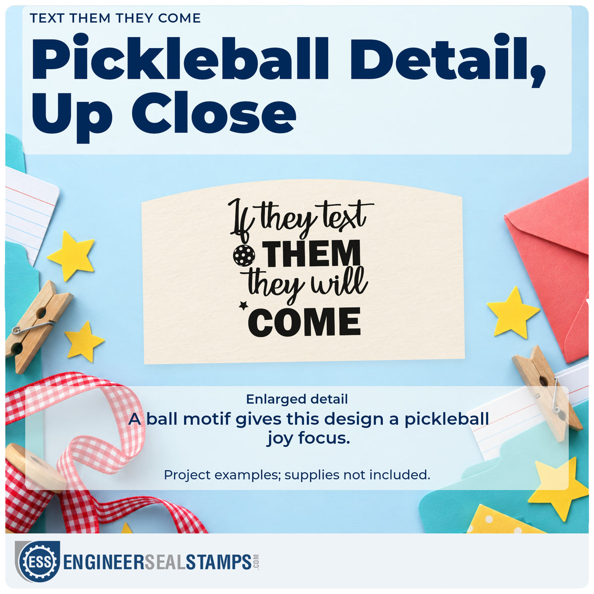 Enlarged detail of the Premium Wooden Pickleball Text Them Word Art Stamp – Vintage Pro imprint. If they text THEM they will COME appears with a small perforated ball and star.