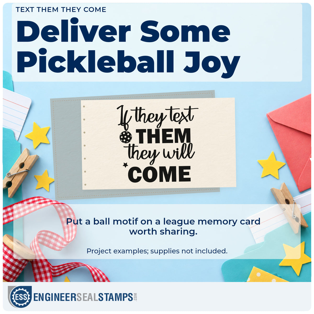 A finished handmade project stamped with the Pickleball Text Them Word Art Rubber Stamp – Duo Hand, ideal for group chat album page.