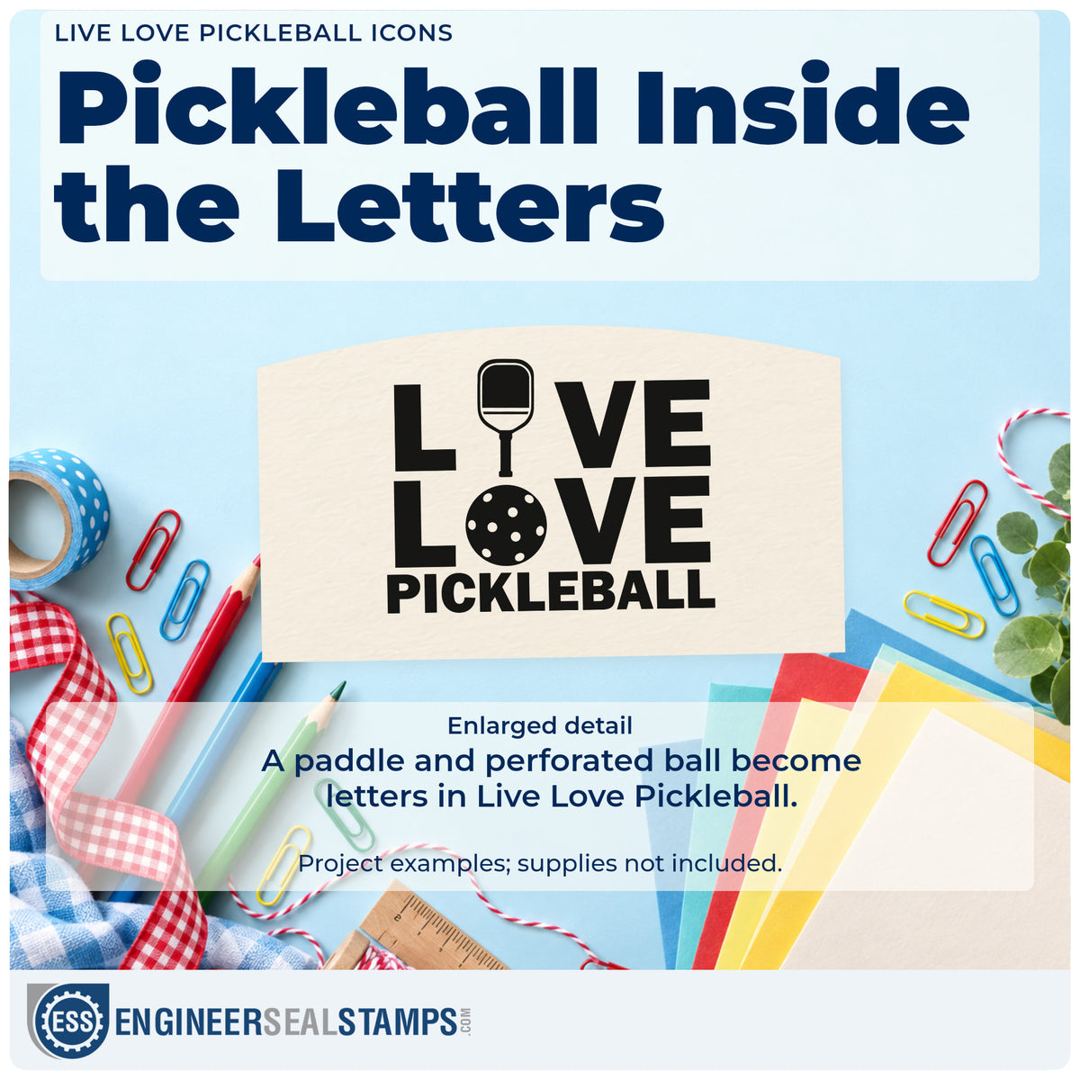 Enlarged detail of the Live Love Pickleball Icons Paddle Slim Pre-Inked Stamp imprint. LIVE LOVE PICKLEBALL uses a paddle as the I and a perforated ball as an O.