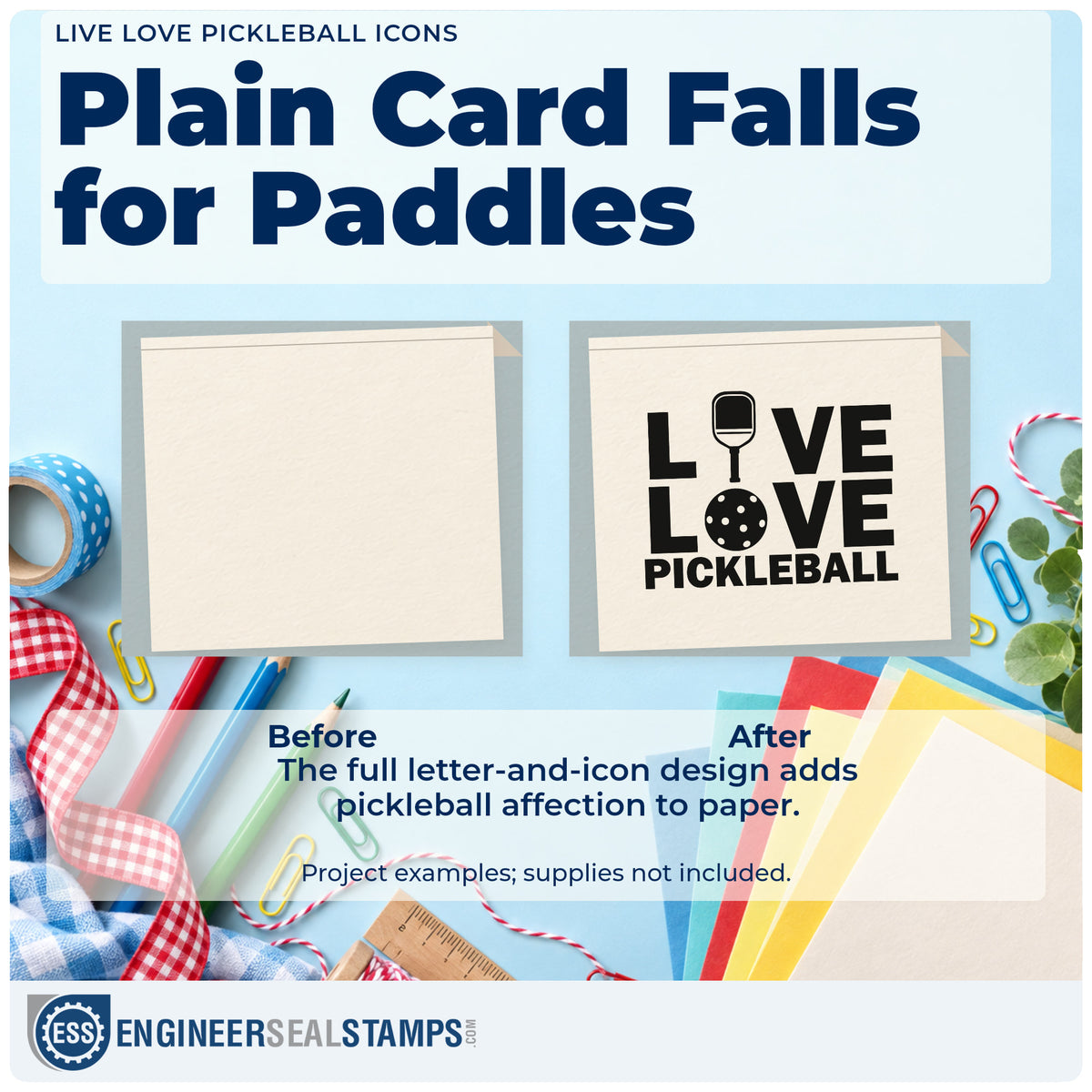 Before and after of a plain item finished with the Live Love Pickleball Icons Paddle Slim Pre-Inked Stamp, a quick upgrade for framed club house.