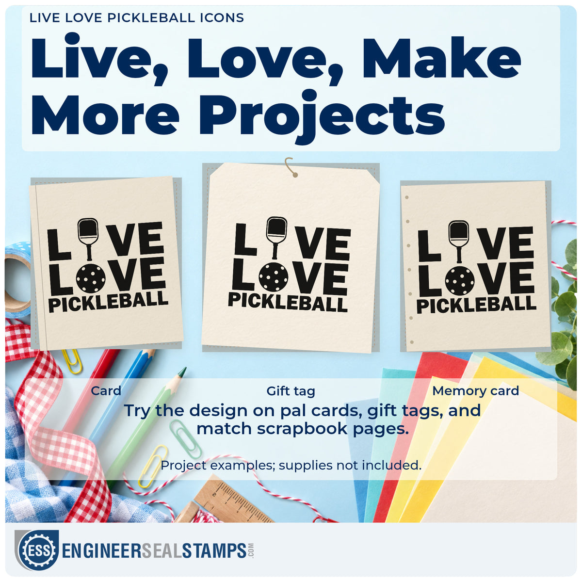 Three project examples made with the Live Love Pickleball Icons Paddle Slim Pre-Inked Stamp, including court slot sheet.