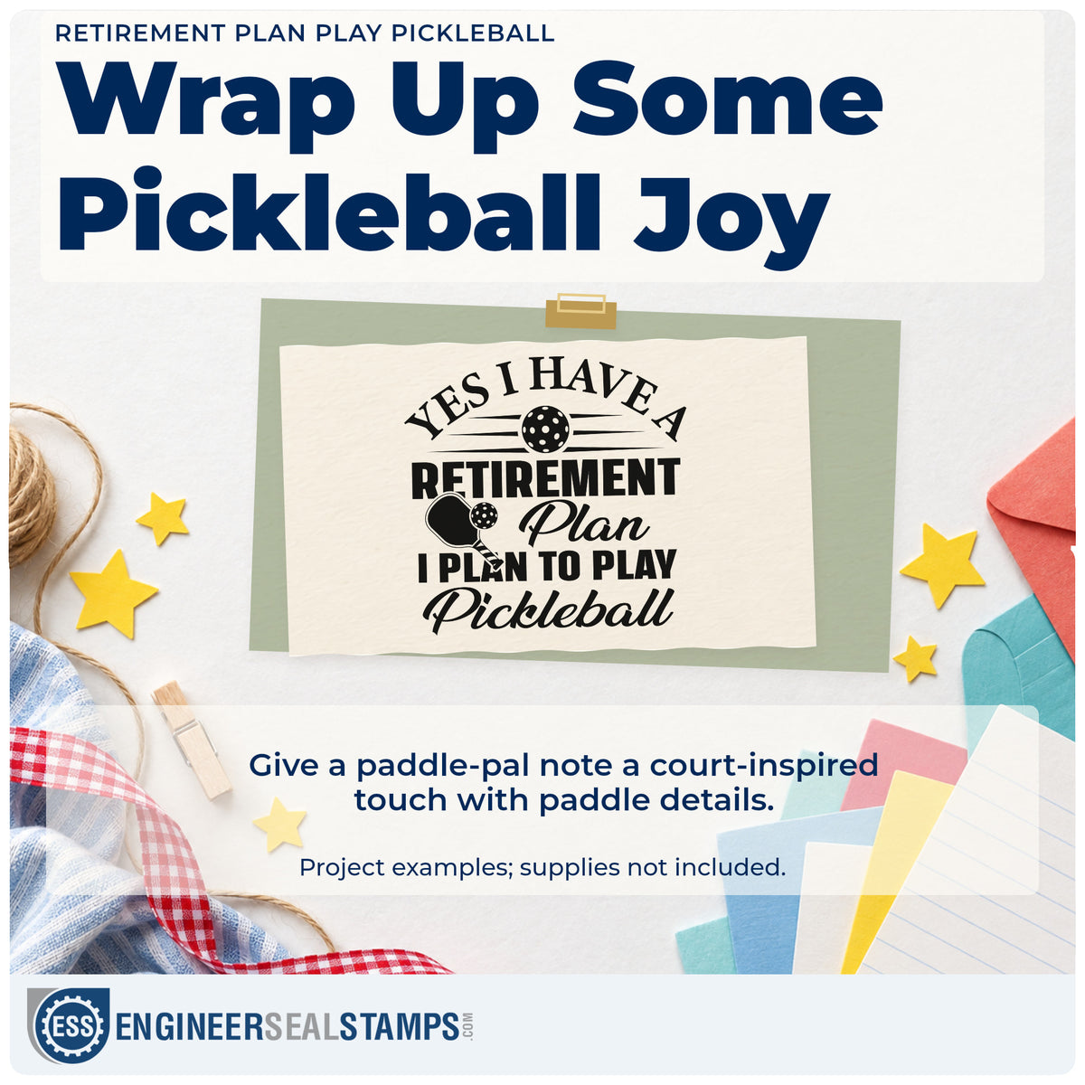 A finished handmade project stamped with the Retirement Plan Play Pickleball Premium Wooden Stamp – Vintage Pro, ideal for retirement album page.