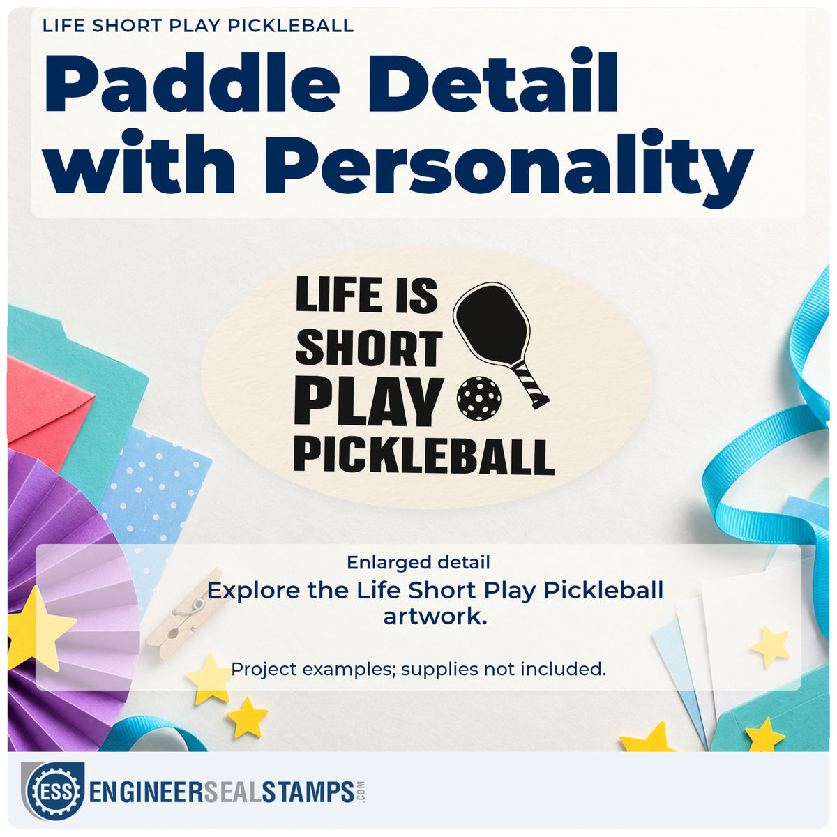 Enlarged detail of the Life Is Short Play Pickleball Premium Wooden Stamp – Vintage Pro imprint. LIFE IS SHORT PLAY PICKLEBALL appears beside a paddle and perforated ball.
