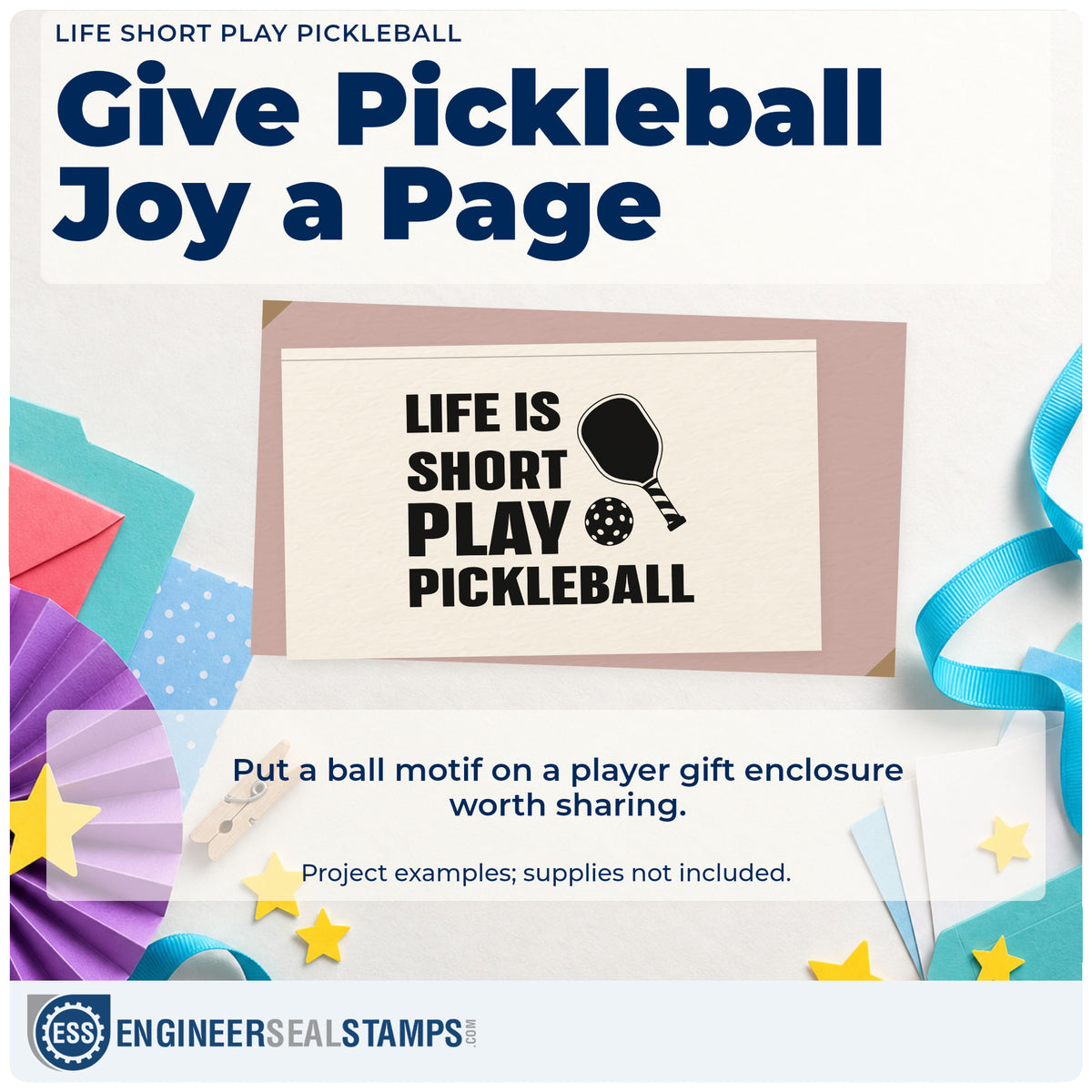 A finished handmade project stamped with the Life Is Short Play Pickleball Premium Wooden Stamp – Vintage Pro, ideal for class unit album page.
