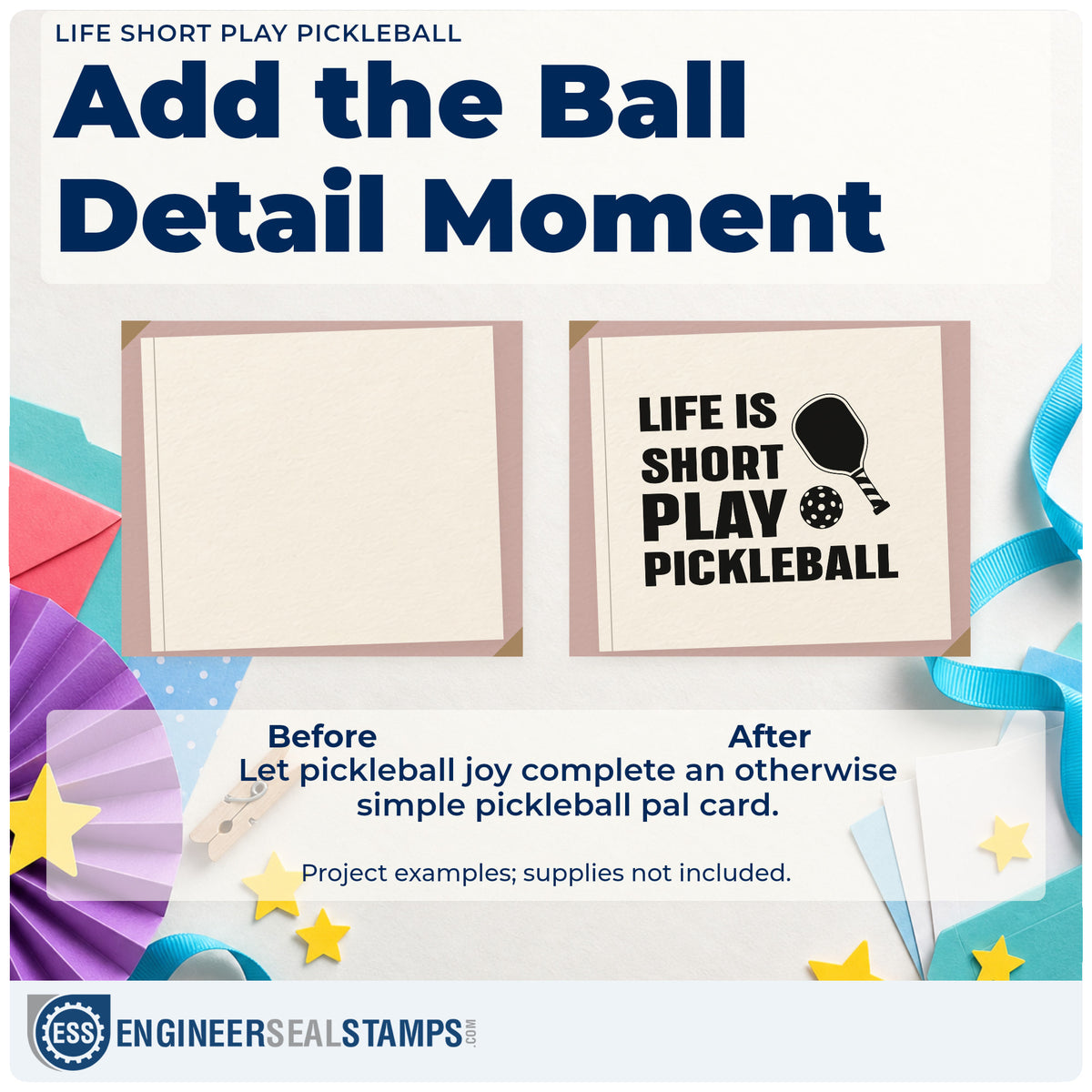 Before and after of a plain item finished with the Life Is Short Play Pickleball Premium Wooden Stamp – Vintage Pro, a quick upgrade for framed gym store.