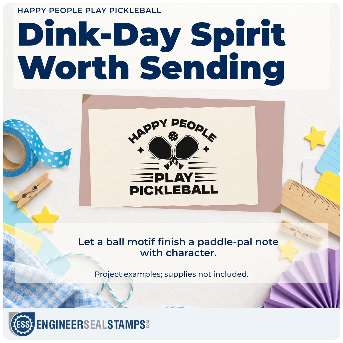 A finished handmade project stamped with the Happy People Play Pickleball Premium Wood-Mounted Stamp – Vintage Pro, ideal for mixer album page.