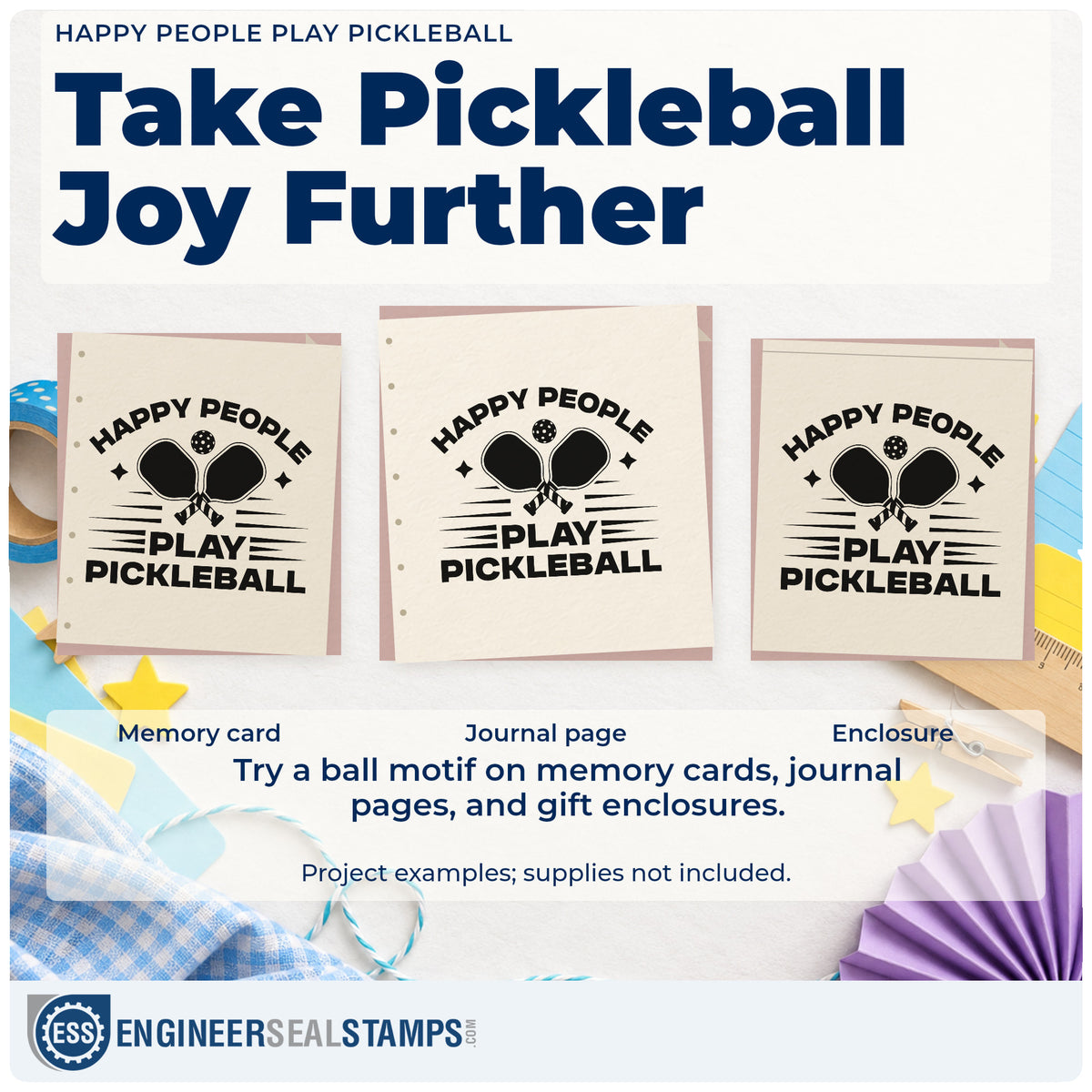 Three project examples made with the Happy People Play Pickleball Premium Wood-Mounted Stamp – Vintage Pro, including rotation plan sheet.