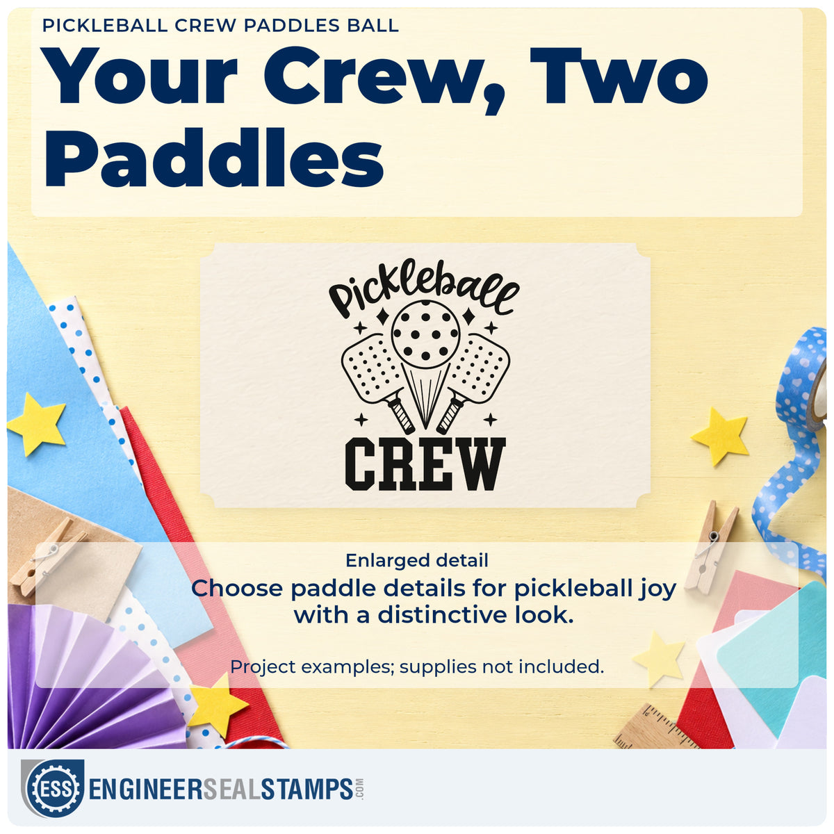 Enlarged detail of the Vintage Pro Pickleball Crew Paddles Ball Premium Wooden Stamp imprint. Pickleball CREW surrounds two paddles, a large ball, and small sparkles.
