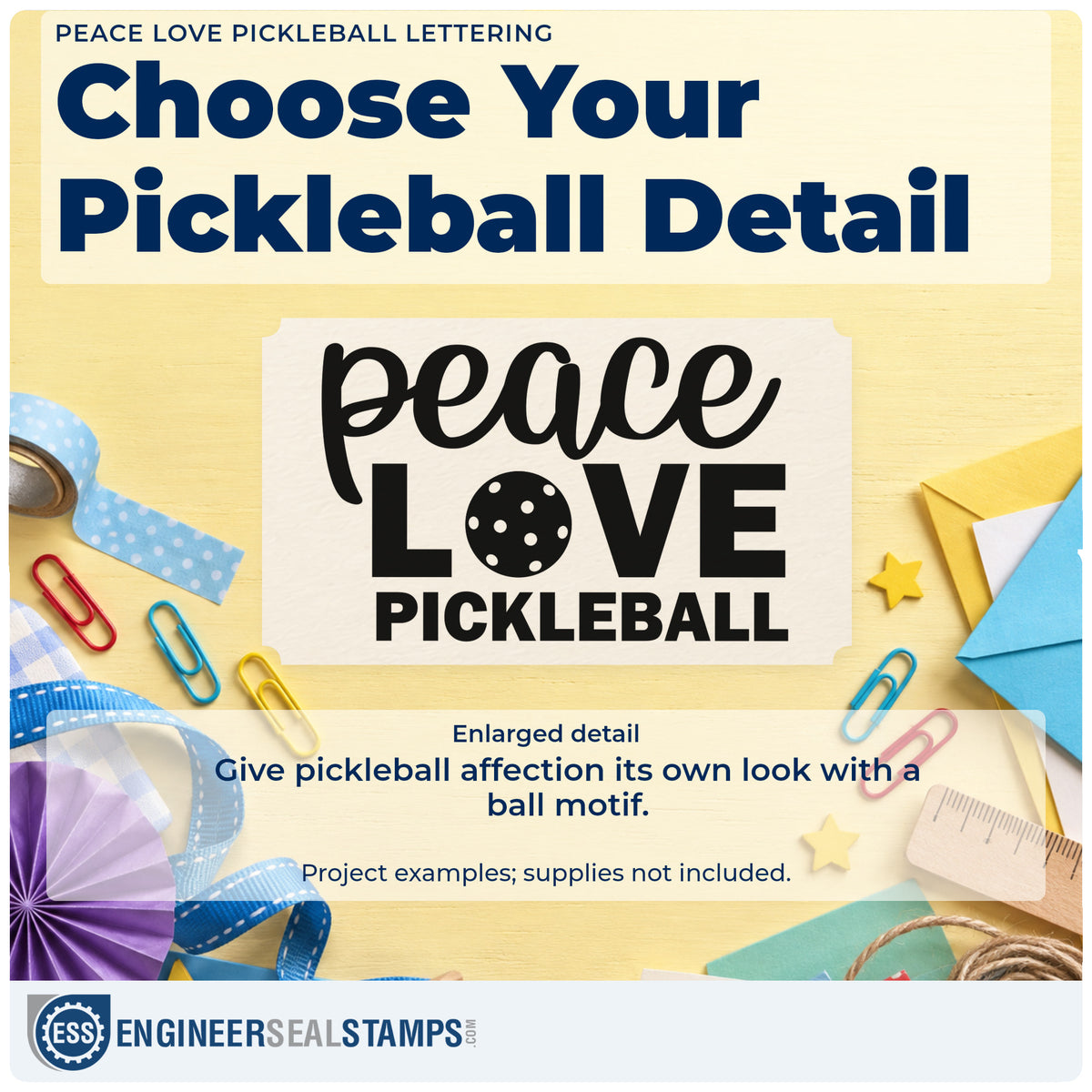 Enlarged detail of the Peace Love Pickleball Lettering Premium Wood-Mounted Stamp – Vintage Pro imprint. peace LOVE PICKLEBALL uses a perforated ball in place of the O.