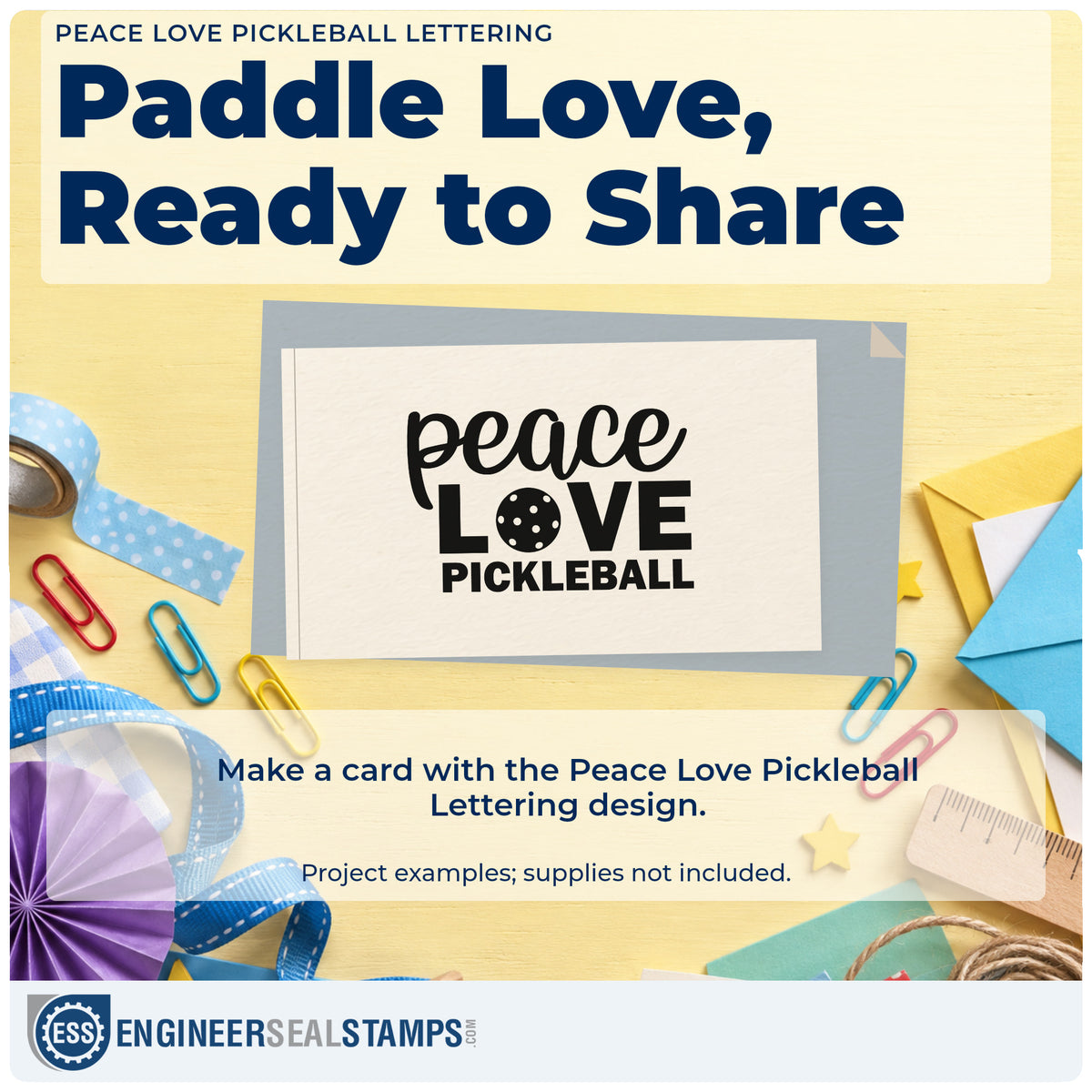 A finished handmade project stamped with the Peace Love Pickleball Lettering Wood-Mounted Rubber Stamp, ideal for charity day album page.