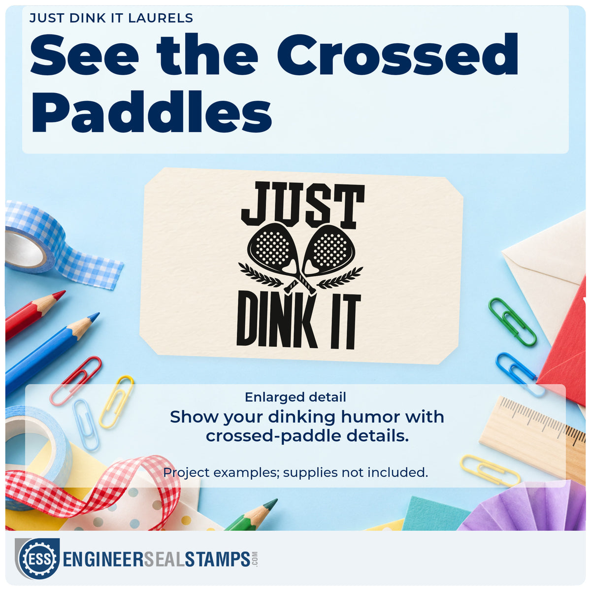 Enlarged detail of the Just Dink It Laurels Hand Stamp – Duo imprint. JUST DINK IT surrounds crossed paddles with small leafy sprigs.