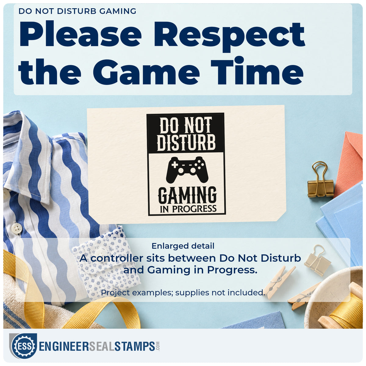 Enlarged detail of the Do Not Disturb Gaming Premium Wood-Mounted Stamp – Vintage Pro imprint. DO NOT DISTURB appears above a controller and GAMING IN PROGRESS inside a rectangular sign.