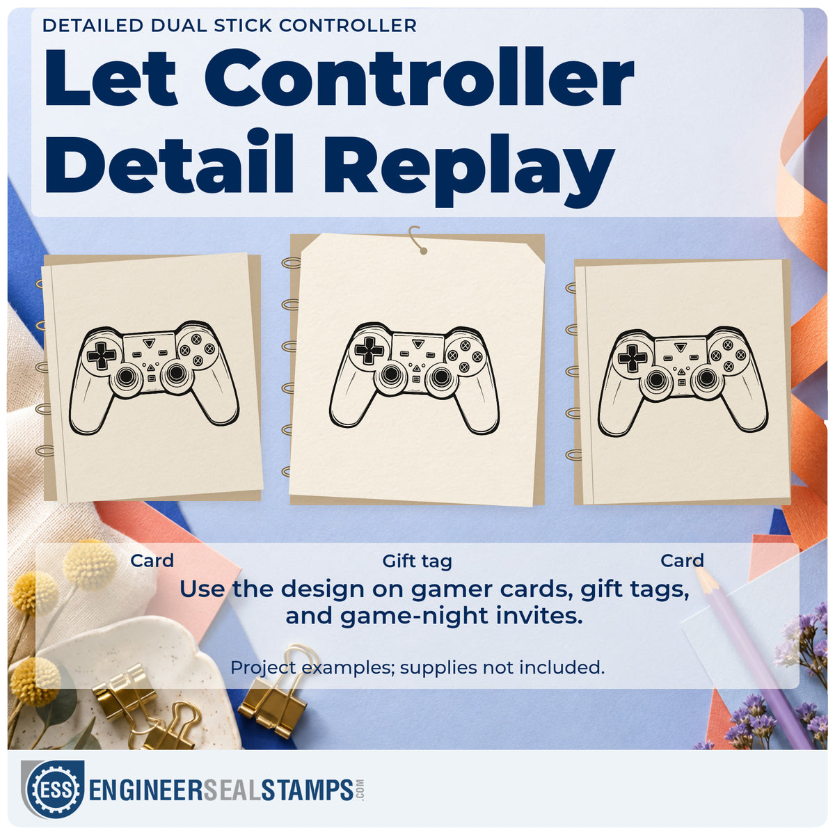 Three project examples made with the Detailed Dual Stick Controller Stamp – Duo Hand, including job queue sheet.