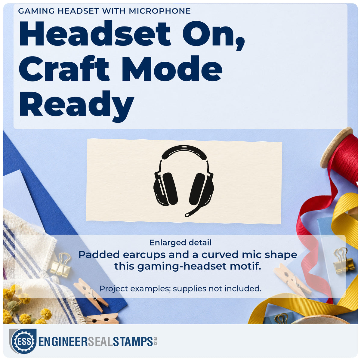 Enlarged detail of the Boom Microphone Gaming Headset Stamp – Slim Pre-Inked imprint. A large headset has padded earcups and a curved boom microphone.