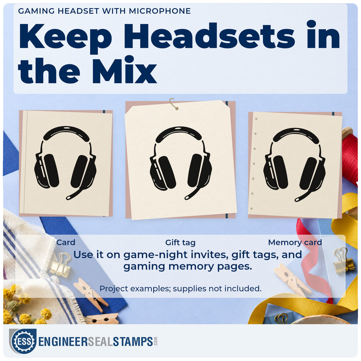Three project examples made with the Boom Microphone Gaming Headset Premium Wood-Mounted Stamp – Vintage Pro, including scrim plan sheet.