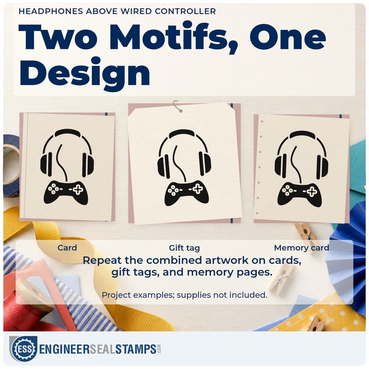 Three project examples made with the Gamer Headphones And Curved Controller Cord Hand Stamp – Duo, including episode plan sheet.