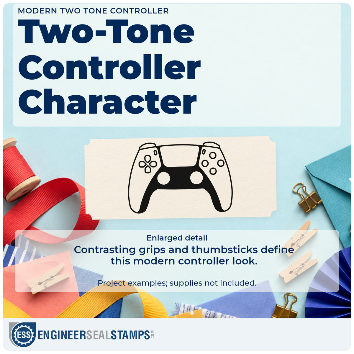 Enlarged detail of the Dual Stick Controller With Shaded Grips Premium Wood-Mounted Stamp – Vintage Pro imprint. A modern controller has a negative-space upper face, dark lower grips, thumbsticks, and small buttons.