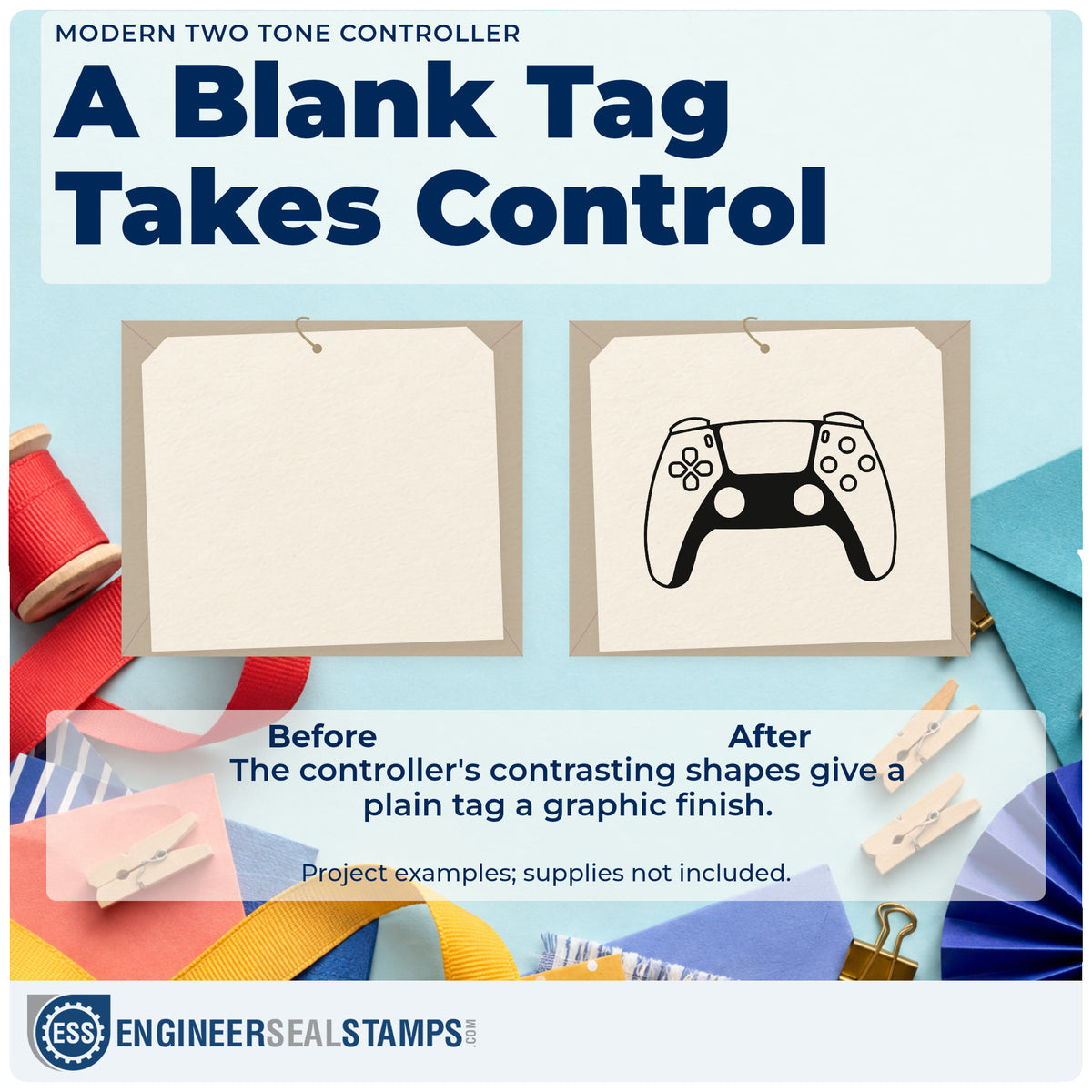 Before and after of a plain item finished with the Dual Stick Controller With Shaded Grips Premium Wood-Mounted Stamp – Vintage Pro, a quick upgrade for framed shoot corner.