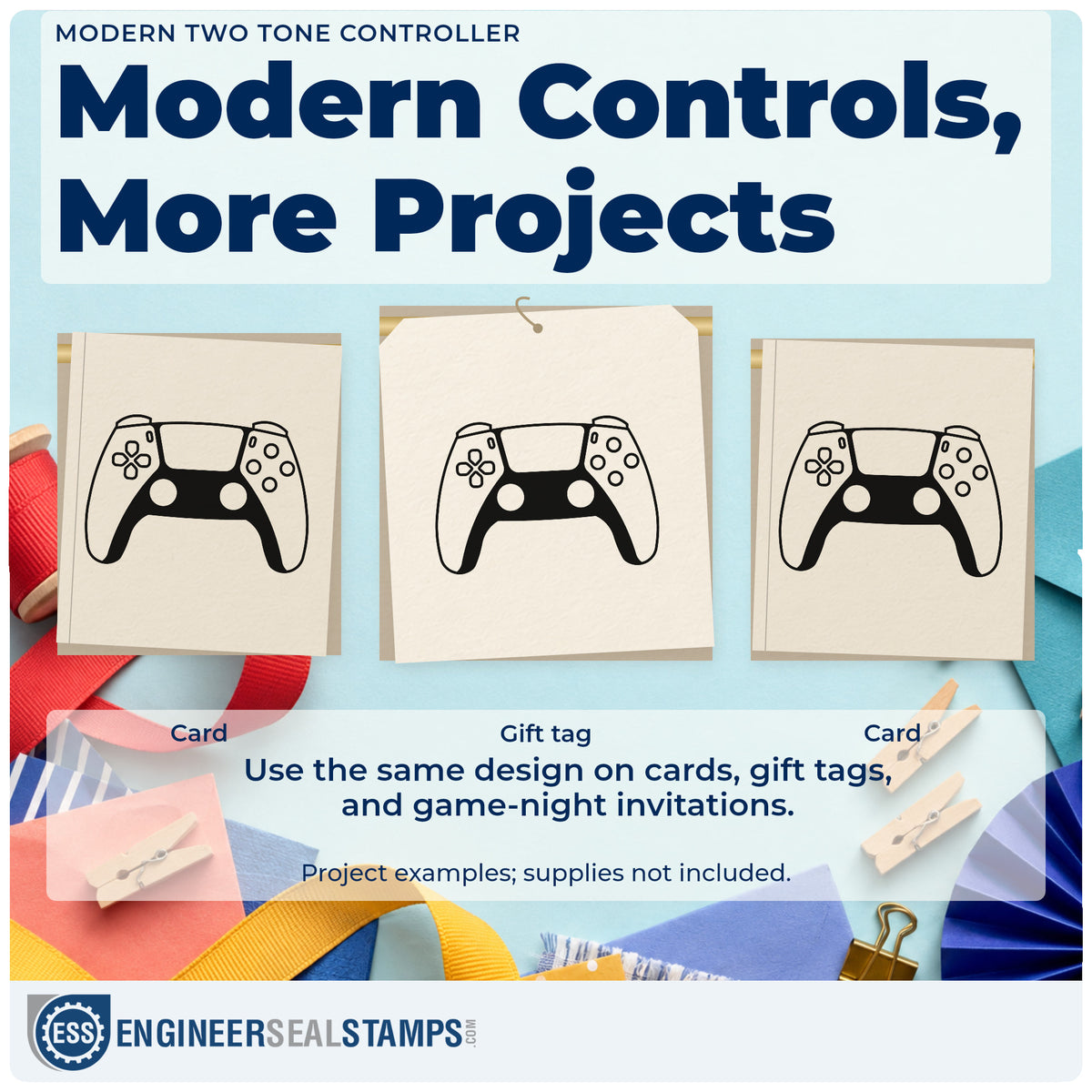 Three project examples made with the Dual Stick Controller With Shaded Grips Premium Wood-Mounted Stamp – Vintage Pro, including weekly plan sheet.