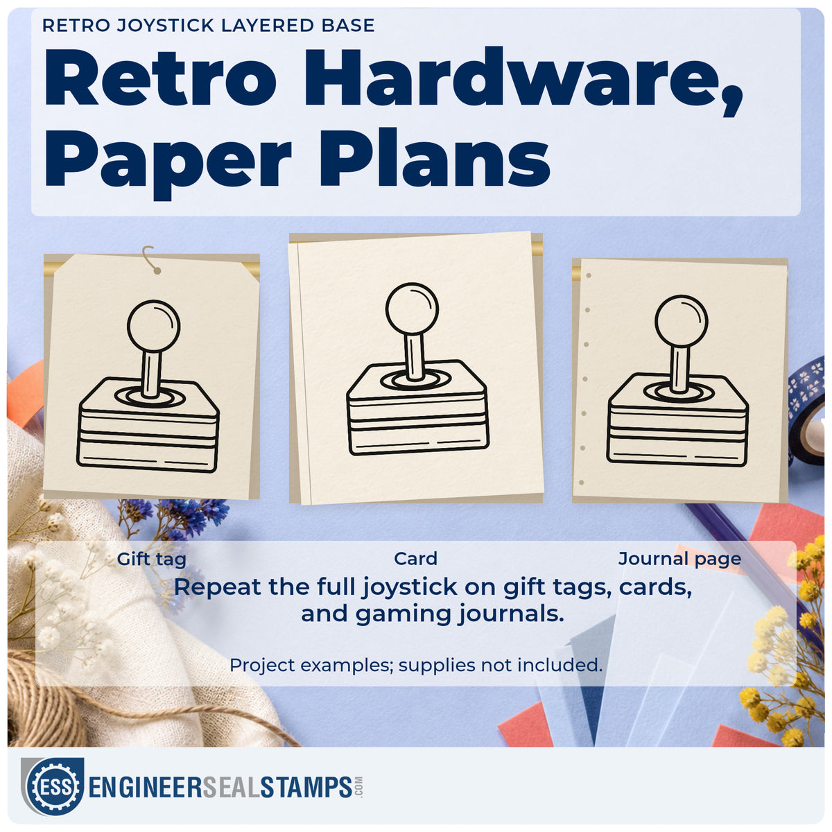 Three project examples made with the Retro Joystick Layered Base Frame Accent Self-Inking Stamp, including build stage sheet.