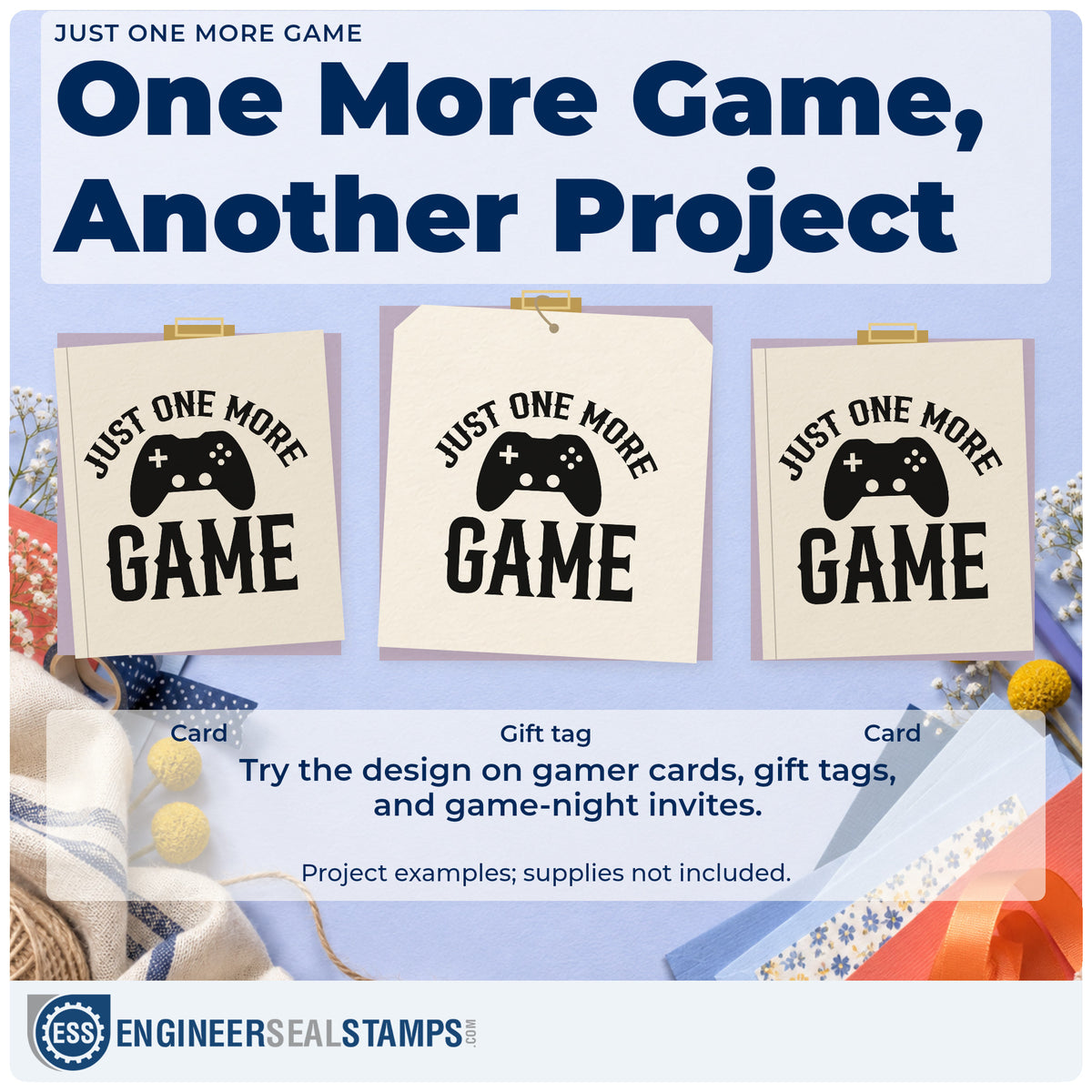 Three project examples made with the One More Game Controller Lettering Rubber Stamp – Duo Hand, including head to head sheet.