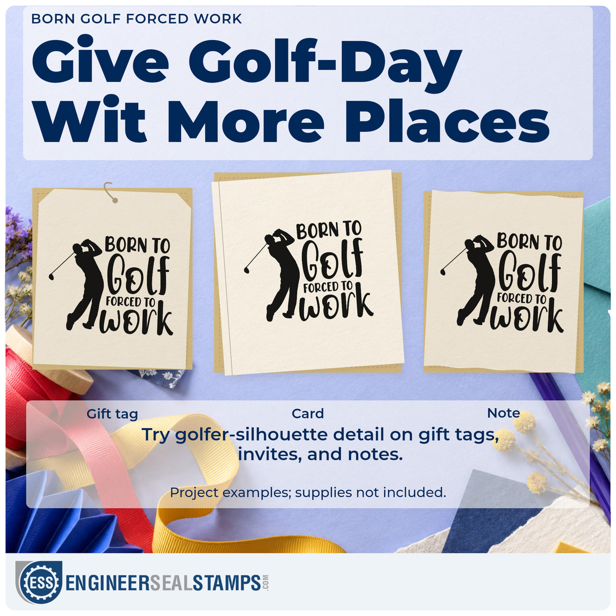 Three project examples made with the Born Golf Forced Work Rubber Stamp – Duo Hand, including leave plan sheet.