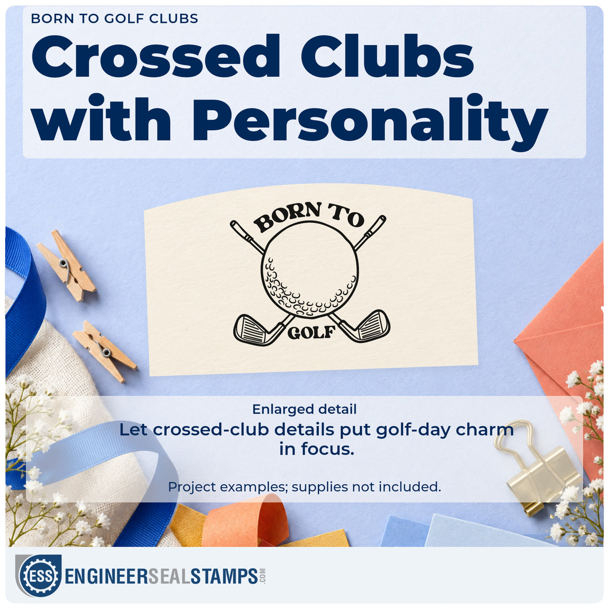 Enlarged detail of the Born To Golf Crossed Club Lettering Stamp – Slim Pre-Inked imprint. BORN TO GOLF surrounds a large ball with crossed golf clubs behind it.