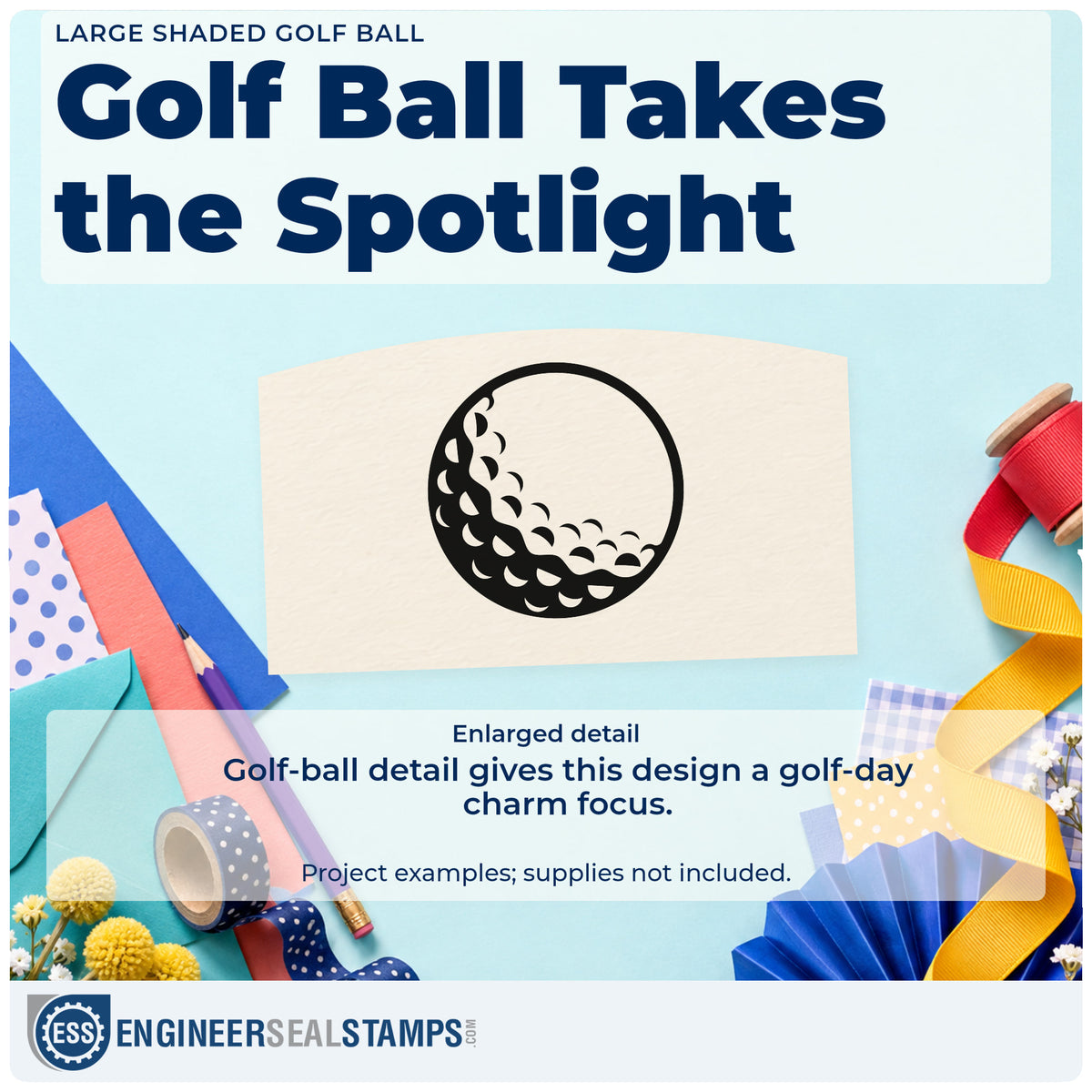 Enlarged detail of the Shaded Golf Ball Circular Layout Stamp – Premium Vintage Pro Wooden imprint. A large circular golf ball shows curved dimple shapes and a dark shaded lower edge.