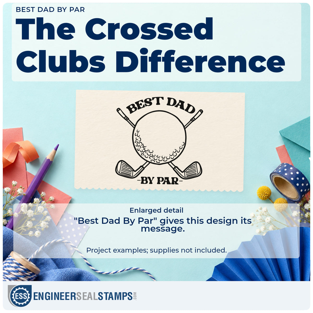 Enlarged detail of the Premium Wooden Best Dad By Par Golf Ball Stamp – Vintage Pro imprint. BEST DAD BY PAR surrounds a large golf ball and crossed clubs.
