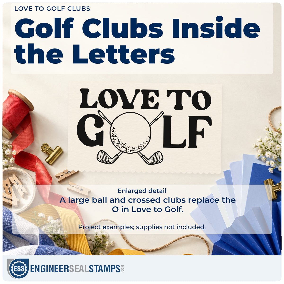 Enlarged detail of the Self-Inking Love To Golf Clubs Stamp imprint. LOVE TO GOLF uses a large golf ball and crossed clubs in place of the O.