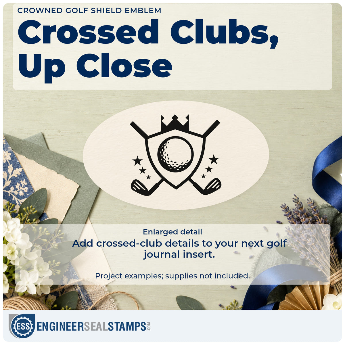 Enlarged detail of the Crowned Golf Shield Emblem With Stars Rubber Stamp – Duo Hand imprint. A crowned shield containing a golf ball sits over crossed clubs with stars at the sides.