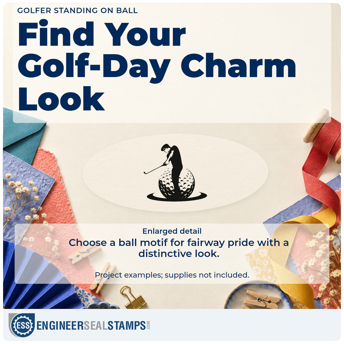 Enlarged detail of the Golfer Standing On Ball Pre-Inked Stamp – PSI imprint. A golfer silhouette swings a club while standing over a giant dimpled golf ball and oval shadow.
